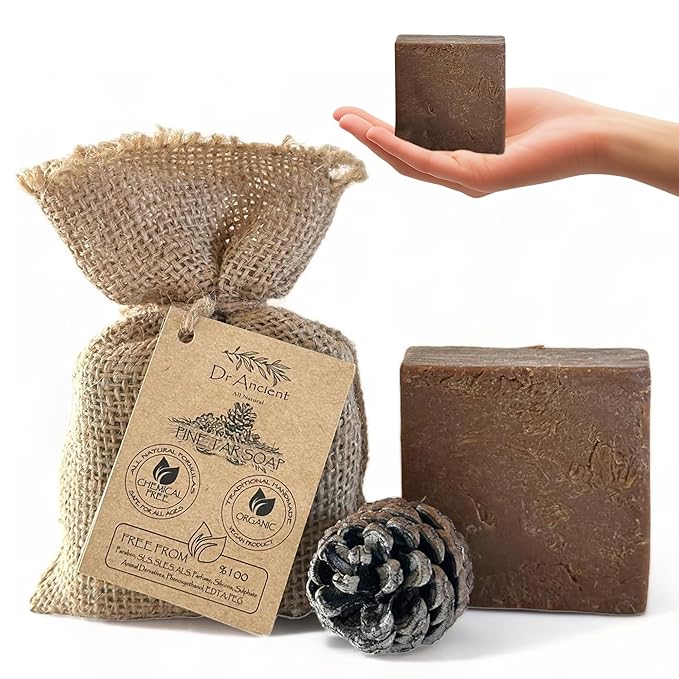 Dr.Ancient Pine Tar Black Soap Bar, Organic Soap Bars Handcrafted the Traditional Way, Natural Chemical-Free, Vegan, Used for Face and Body, Deep Cleansing, and Nourishing Daily Skin