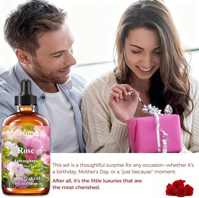 Rose Essential Oil in Premium Gift Box - Essential Oils for Home Diffusers - Perfect Self-Care & Spa Gift for Women 4 Fl Oz Valentines Day Gifts for Her