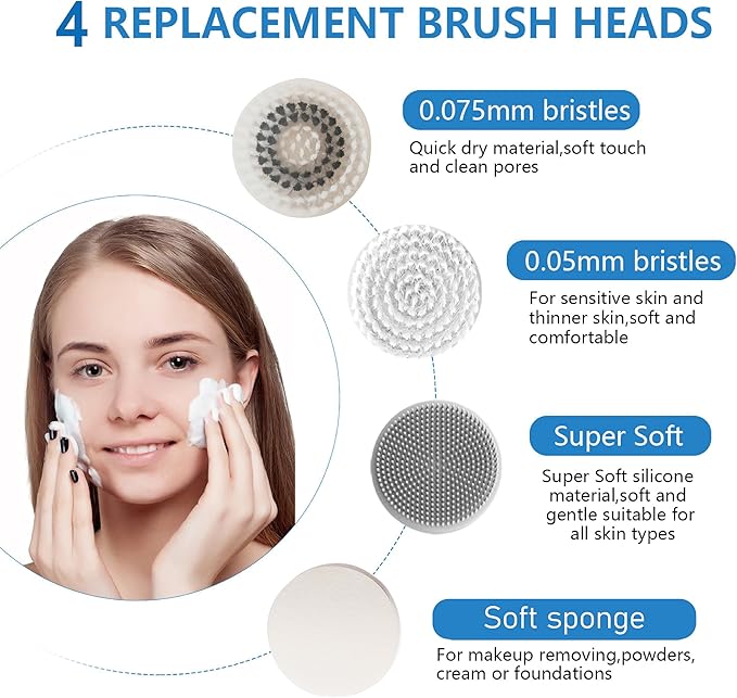 Facial Cleansing Brush, 2 in 1 Ｗaterproof IPx7 Facial Spin Scrubber Set with 4 Brush Heads, Rechargeable Exfoliating Face Brush Deep Cleansing, Gently Exfoliate and Remove Blackhead (White)