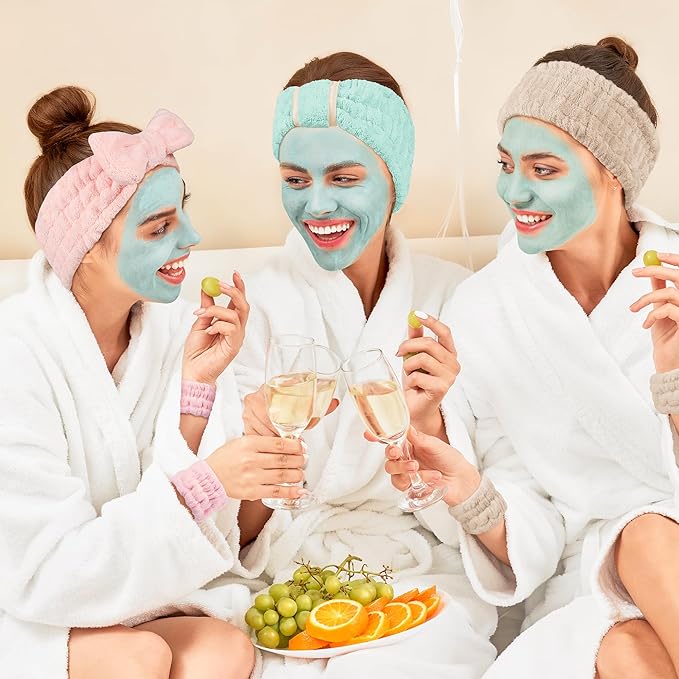 DiyJibb 9 Pcs Spa Headband for Washing Face,Skincare Headband and Wristband Set,Women Teen Girls Facial Hairbands for Washing Face, Makeup, Sports, Yoga (light green + pink +khaki)