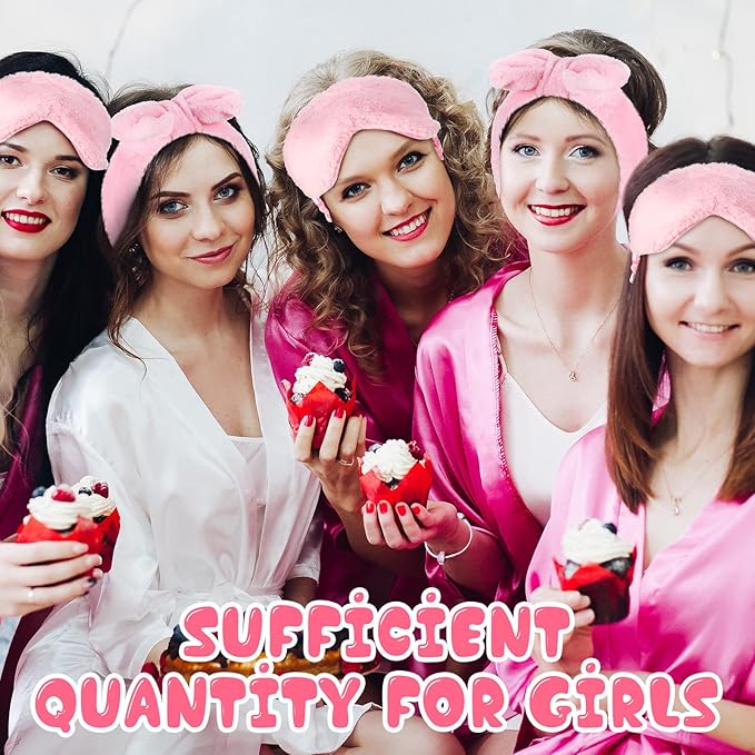 Jexine 24 Pcs Spa Slumber Party Headband Plush Sleep Eye Mask Bulk Bow Hair Band Makeup Headband for Sleepover Birthday Party Supplies Graduation Mother's Day Gift(Pink)