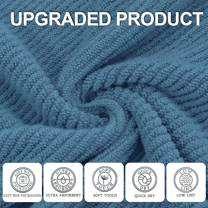 VOOVA & MOVAS Blue Towels Bathroom Sets, 100% Cotton | Lightweight | Soft | Quick Dry | Thick, Towel Set of 6, 2 Large Bath 30"x56", 2 Hand 18"x28", 2 Wash Cloths 13"x13", Denim Blue Towel Gift