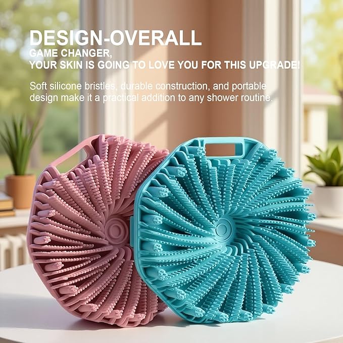 RamPula Silicone Body Scrubber, Silicone Loofah, Quick-Dry Exfoliating Body Brush for Wet or Dry Brushing, More Hygienic Than Traditional Loofah, Medium-Bristle Brush, Cyan and Bean Paste Pink