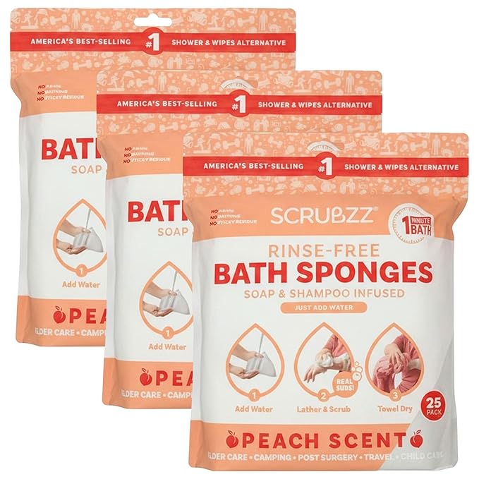 Scrubzz Disposable No Rinse Bathing Wipes - All-in-1 Single Use Shower Wipes, Simply Dampen, Lather, and Dry Without Shampoo or Rinsing (Peach, 3-Pack)