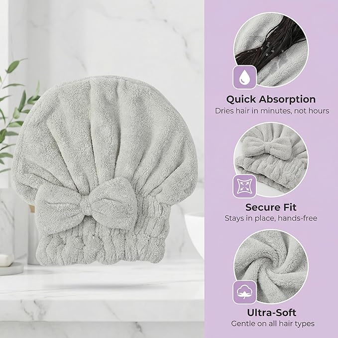 Microfiber Hair Drying Cap,4pcs Quick Dry Hair Towel Wrap, Super Absorbent Hair Turban with Bow Design, Soft Shower Head Wrap for Women,Cute Bow Hair Towel Girls Hair Towel ，Anti frizz ，Travel