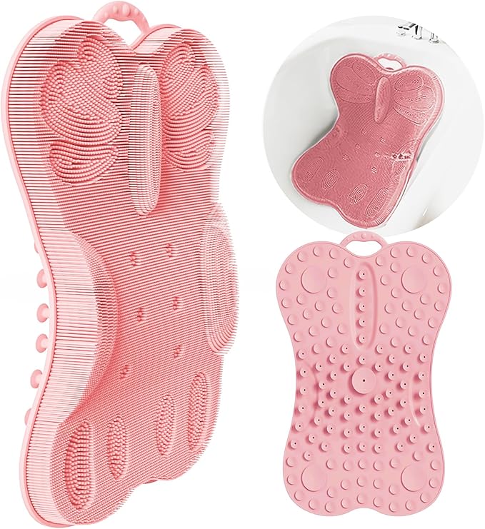 Back Scrubber Body Bath Cushion for Tub Bathtub Back Lumbar Ergonomic Support, Silicone XL Large Thick Soft Seat Pad Non-Slip Suction Cups, Relaxing Spa Exfloating Scrubber Mat 28x19 Pink