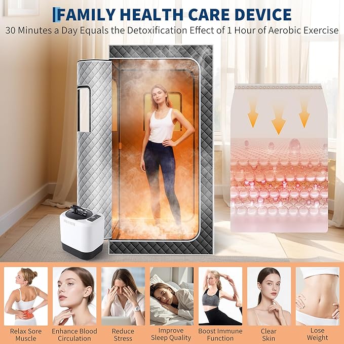Garvee Sauna Box,Portable Sauna for Home with 4L 1500W Steamer,Explosion Zroof Zip,99 Mins Timer,Sauna Tent with 600D Encrypted Fibre, Easy Setup Quick Heat-Up Foldable Sauna for Home Spa（Grey）