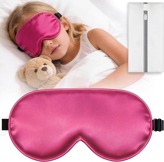 Kids Sleep Mask, Kids Eye Mask for Boys Girls, Kid Silk Eye Masks with Adjustable Strap for Sleeping, 100% Light-Blocking Sleep Eye Cover, Includes Protective Laundry Bag (Rose red)