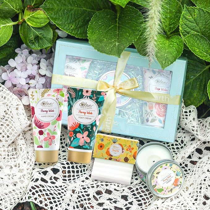 BODY & EARTH # LOVE Hand Cream Gifts Set for Women,Mothers Day Gifts Set,Peony Wish Skin Care Sets with Hand Foot Cream,Soap,Scented Candle,Teachers Appreciation Gift Nurse,Birthday Gift for Women