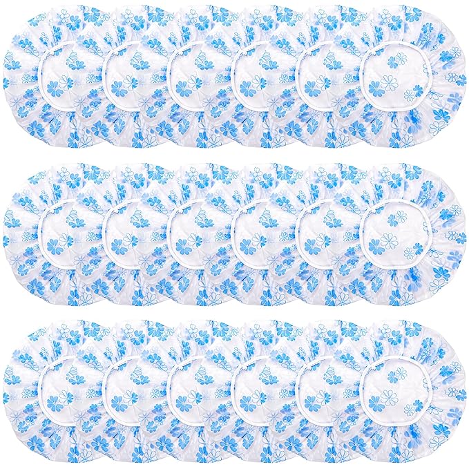 18Pcs Plastic Shower Caps for Women Waterproof Bath Caps Bathing Hair Cap Reusable Shower Caps for Shower,Spa,Salon,Housework,Girls,Home,Travel (Blue-Flower)