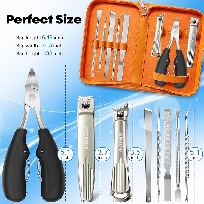 8-in-1 Heavy Duty Toenail & Fingernail Clippers for Seniors Men with Thick & Ingrown Nails - Manicure Pedicure Kit with 360° Swivel Head - Professional Wide Jaw Podiatrist Tools