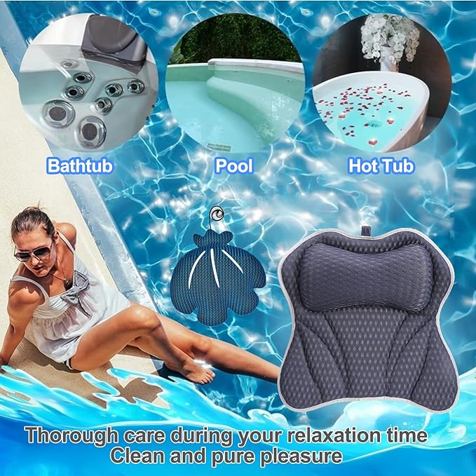 Luxury Bath Pillow and Hot Tub Scum Absorber Set, Bath Pillows for Tub with 6 Powerful Suction Cups, Hot Tub Scum Absorber, Fits All Bathtub