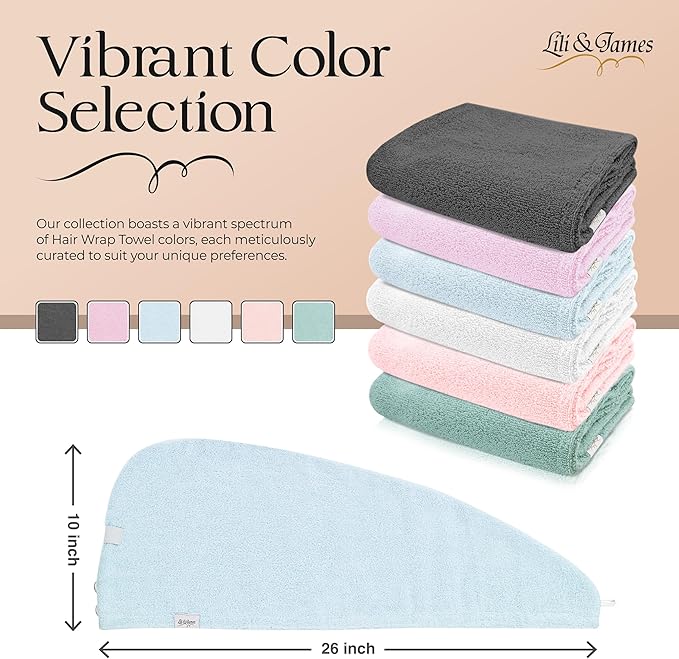 Lili&James 100% Cotton Hair Towel Wrap for Women/Kids | Quick Dry, Soft & Absorbent 420-GSM Hair Wrap Towels with Double Button | Anti Frizz, Non Microfiber Hair Turbans for Curly, Long Hair (Blue)