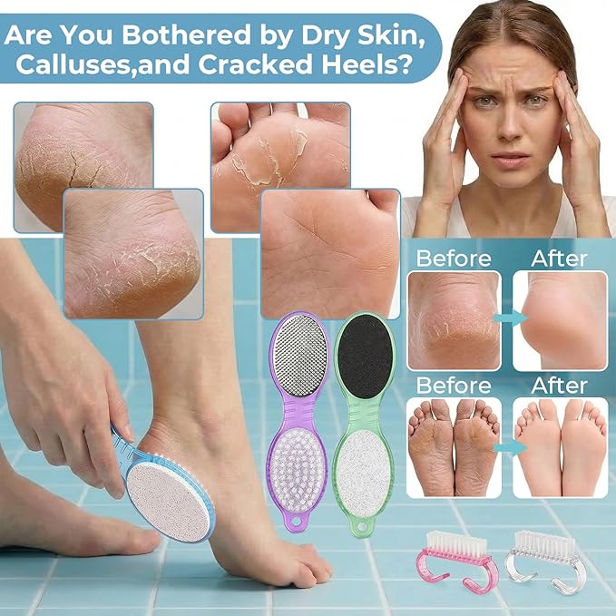 4PCS Foot Scrub Brush, 4 in 1 Foot Scrubber Brush for Shower with Pumice Stone Foot Rasp & Sandpaper, Multi Purpose Pedicure Brush for Feet