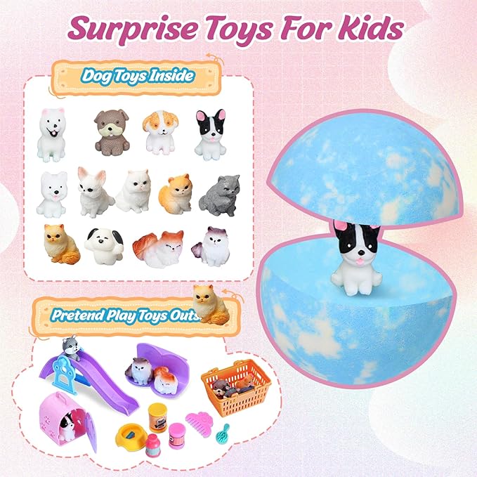 Kids Bath Bombs with Surprise Inside, Dog & Cat Toys Pretend Playset, Bubble BathBombs Fizzies 12 Pack Gift Set for Boys Grils, Birthdays Halloween Christmas Gift for Boys Girls