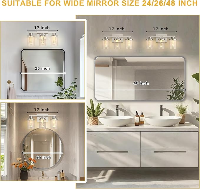 L LOHAS LED 3-Light Brushed Nickel Bathroom Light Fixtures, Crystal LED Bathroom Vanity Lights with Clear Glass Shade, 5CCT Dimmable Vanity Lights for Living Room Hallway with Remote Control