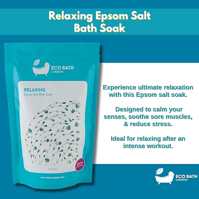 Eco Bath London Relaxing Lavender Epsom Salt Bath Soak - Pouch 2.2 lb (1 kg), Made in UK, Natural Magnesium Bath Salt, Relaxing Spa Bath Soak for Stress Relief, Self Care Gift for Women and Men
