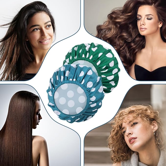 WSICSE 2 Packs Large Shower Caps for Women, Reusable Waterproof Shower Cap Bath Caps with Hair Scrunchies for Long Thick Hair (Blue/Green)
