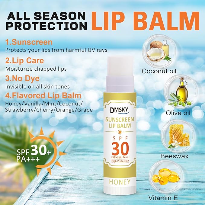 DMSKY SPF 30 Lip Balm 8 Pack, Clear Lip Sunscreen No White Cast, Broad Spectrum Sunblock for Lips with Vitamin E & Coconut Oil - Beach Essentials & Travel Size