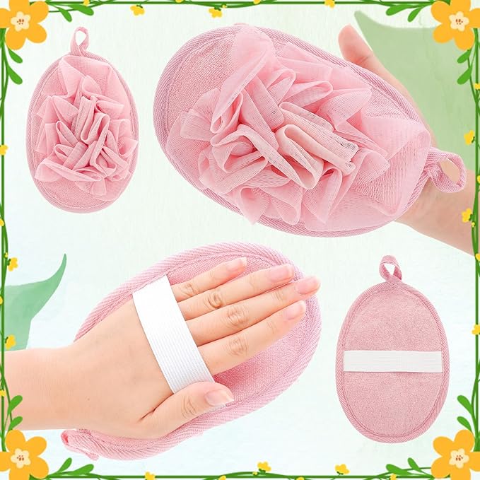 4 PCS Exfoliating Bath Sponges Soft Loofah Shower Scrubber with Elastic Hand Strap for Women Men Gentle Skin Cleansing Body Wash Towel Pouf Pink, Blue, White, Gray