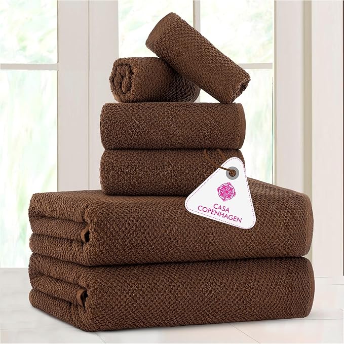 CASA COPENHAGEN EcoPop 6Pcs 100% Cotton Large Designer Towels Gift Set- Toffee, 550 GSM, 2Bath 2Hand 2Washcloths, Bath Towels for Bathroom Set for Women & Men