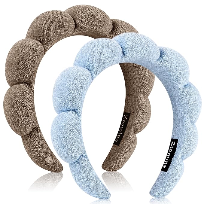 Ztomine Headbands, Set of 2 - Terry Cloth Spa Headbands for Face Washing, Makeup Removal, or Facial Mask Usage, Dark Khaki + Blue