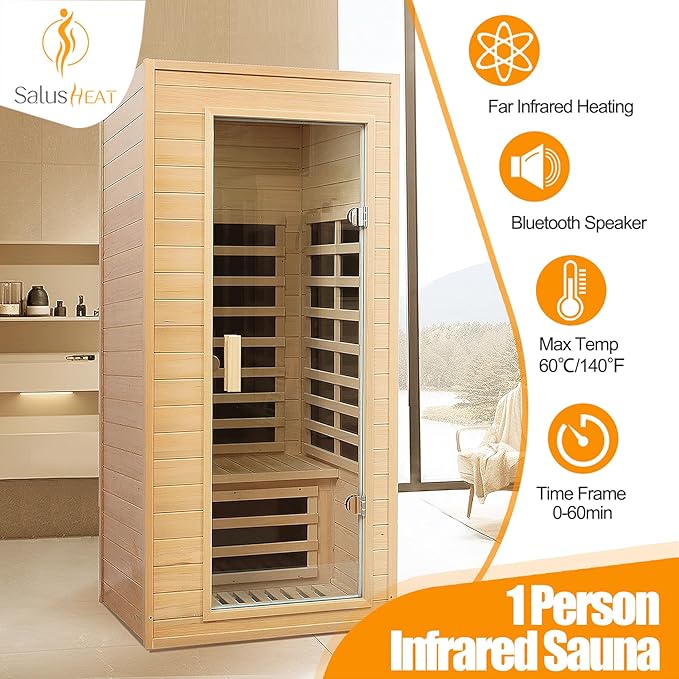 Far Infrared Sauna, 1 Person Infrared Sauna, Canadian Hemlock Wood 1290W Low-EMF Infrared Saunas for Home with Bluetooth Speakers, Reading Lamp