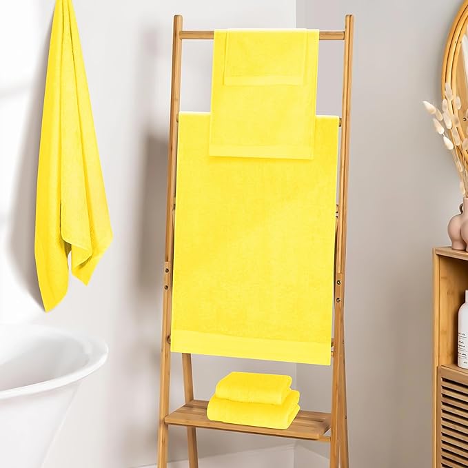 Ultra Soft 6 Pack Cotton Towel Set, Contains 2 Bath Towels 28x55 inch, 2 Hand Towels 16x24 inch & 2 Wash Coths 12x12 inch, Ideal Everyday use, Compact & Lightweight - Lime Yellow