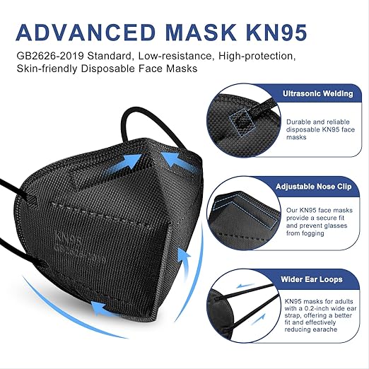 KN95 Face Masks Black Adults - 100 Pack Disposable Masks Comfortable 5-Layer Safety Face Masks & 5 Adjustable Masks Extender Masks Large Size
