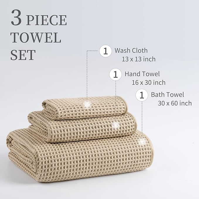 MICROFI Microfiber Waffle Bath Towels, 3 Pieces, Oversized, Soft, Absorbent, Fast Drying, Lint Free, Includes Bath, Face and Hand Towels 430 GSM