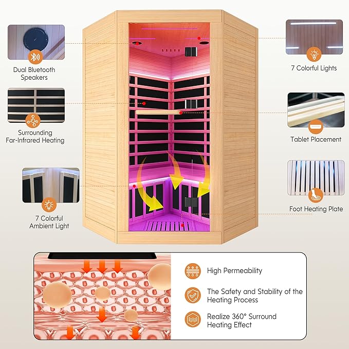 OUTEXER 2-3 Person Sauna Corner Sauna Far Infrared Saunas Room Home Canadian Hemlock Indoor 2100W Low-EMF Dry Saunas with 7 Color Therapy 47.2 * 47.2 * 74.8inch