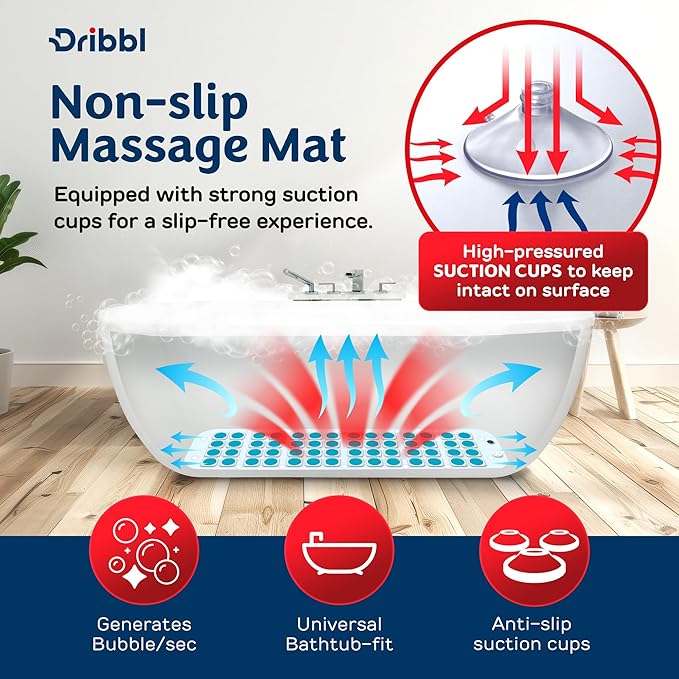 Dribbl Electric Bubble Massage Bathtub Mat – Non-Slip Full-Body Waterproof Hot Tub Spa Mat for Bath with Heater, Motorized Air Pump, and Remote Control, 6-Speed Adjustable Massage, Aqua