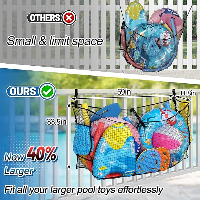 Large Pool Float Toy Storage Net - 59 x11.8x33.5in Durable Mesh Net Organizer for Fence with Straps, Poolside Fence Toys Holder for Inflatable Rafts Pool Noodles Balls Swimming Ring