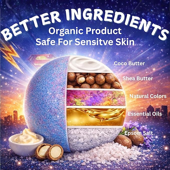 EvolutionUSA 6 Purple Epic Superhero Bath Bombs for Kids – Childrens Super Hero Bath Bombs Toy, Organic Bathbomb with Surprise, Superhero Bath Fizzers, Lush Bathbombs Birthday, Christmas, Easter