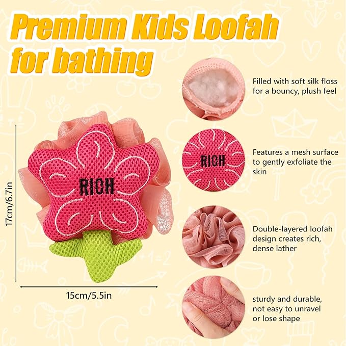 Kids Loofah, Cute Cartoon Animal Kids Bath Sponge with Hanging Rope, Soft Double Mesh for Rich Lather (Money Flower)