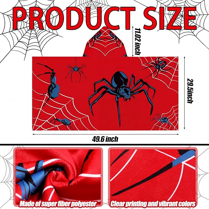Peryiter 1 Pcs Spider Hooded Bath and Beach Towel 100% Cotton Pool Towels Wearable Bath Poncho Wrap for Swimming Shower Pool Travel Trips Vacations Cozy Absorbent Soft Beach Blanket