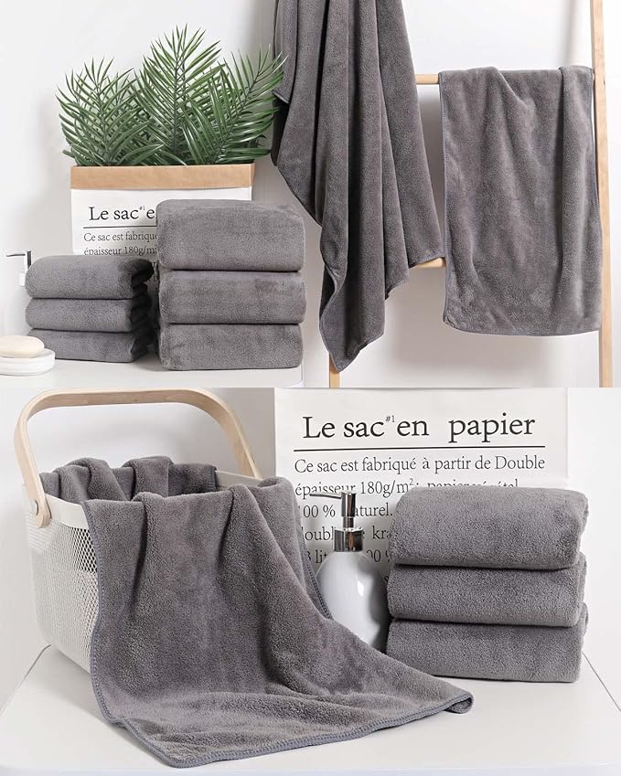 Lumimi Towel Set of 6 Very Soft Microfiber 3 Bath and 3 Hand Towels Quick Dry Light Weight for Bathroom Gym Salon, 6 Pack Dark Grey