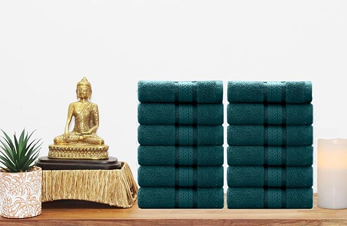 Cotton Craft Ultra Soft 12 Pack Wash Cloths 12x12 Teal Weighs 2 Ounces Each - 100% Pure Ringspun Cotton - Luxurious Rayon Trim - Ideal for Everyday use - Easy Care Machine wash