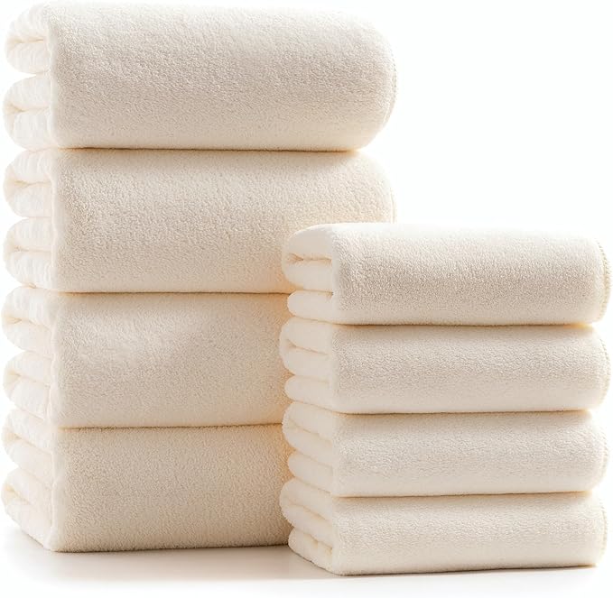 sakano Microfiber Bath Towel Set Ultra Soft Absorbent Speedy Drying Fade Resistant, 4 Bath Towels and 4 Hand Towels, Perfect for Family Bathroom, Gym, and Spa Use - White