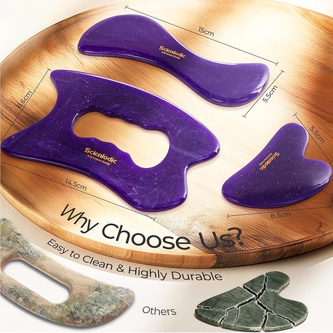 Scienlodic 3 Pcs Gua Sha Massage Tools for Face & Body (Purple, Resin) - Scraping Tools for Back, Legs & Muscle Relaxation, Guasha Facial Tool for Jawline Contouring & Puffiness Reduction