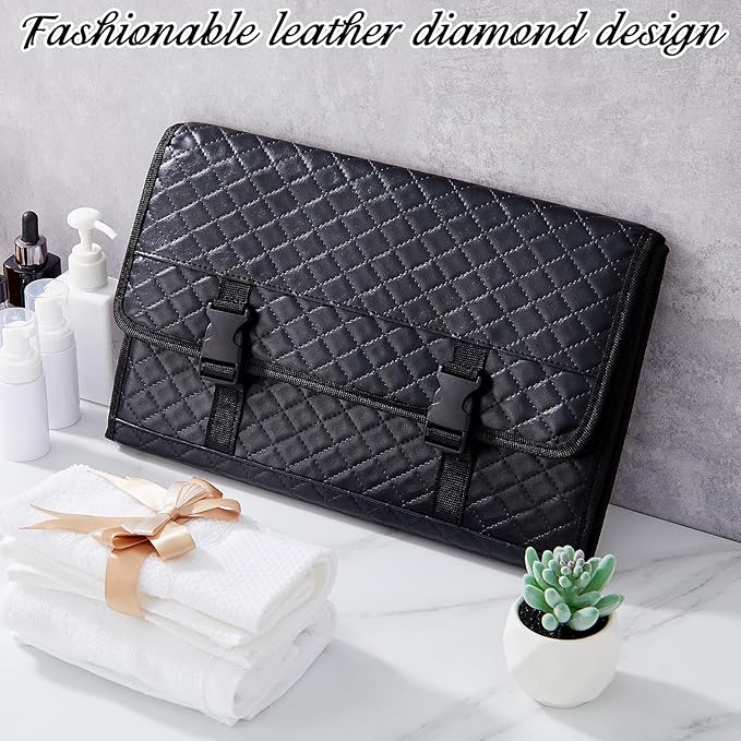 Travel Hanging Toiletry Bag with Mirror Leather Travel Hanging Mirror Foldable Dance Competition Makeup Bag Backstage Cosmetic Organizer for Traveling Dancers Spa(Classic,Black)