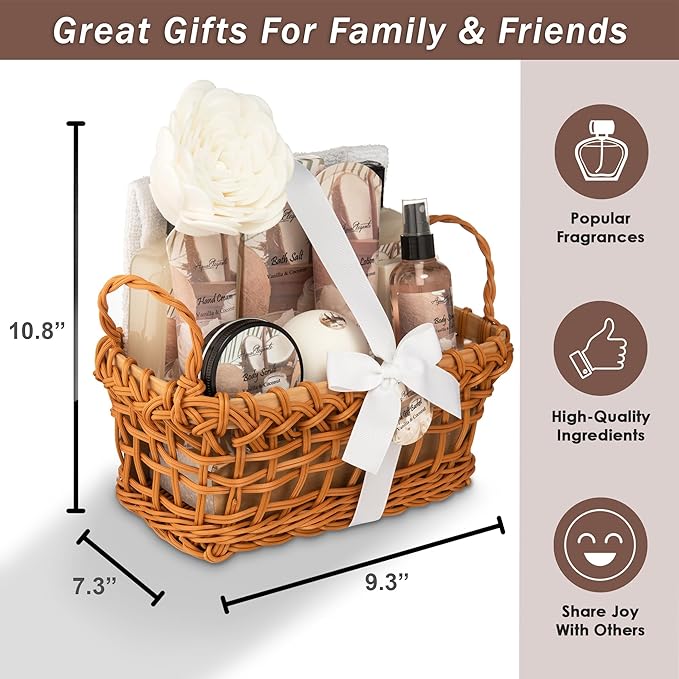 Aqua Elegante Spa Basket For Women - Deluxe Bath Set with Wash, Bubble Bath, Lotion, Salts, Body Scrub, Towel, Shower Puff, Bathbombs, Reusable Basket, Gifts for Mom, Wife, Her - Coconut & Vanilla