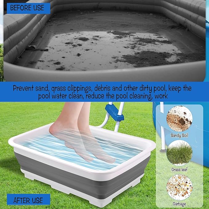 Pool Foot Bath Tray for Swimming Pool, Non- Slip Collapsible Foot Bath for Pool, Portable Foot Tub for Pool for Above Ground Pool Accessories, Rinse Feet Keep Pool Clean (Grey + White)