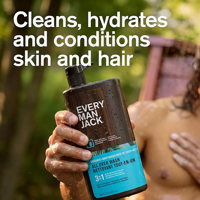 Every Man Jack Men’s 3-in-1 All Over Wash for All Skin and Hair Types - Cleanse and Nourish Skin, Hair with Naturally Derived Soy Proteins, Aloe - Coconut + Driftwood Scent - 28.8 fl. oz - 2 Pack