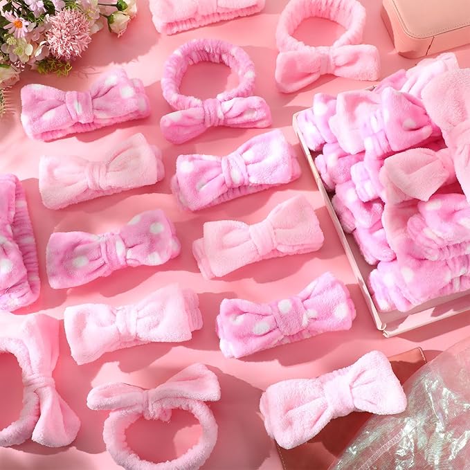 50 Pcs Pink Spa Headband Bulk Spa Sleepover Party Supplies for Washing Face with Removable Bow Makeup Elastic Bowknot Headband for Women Gifts Skincare Microfiber Hairband (Classic Style)
