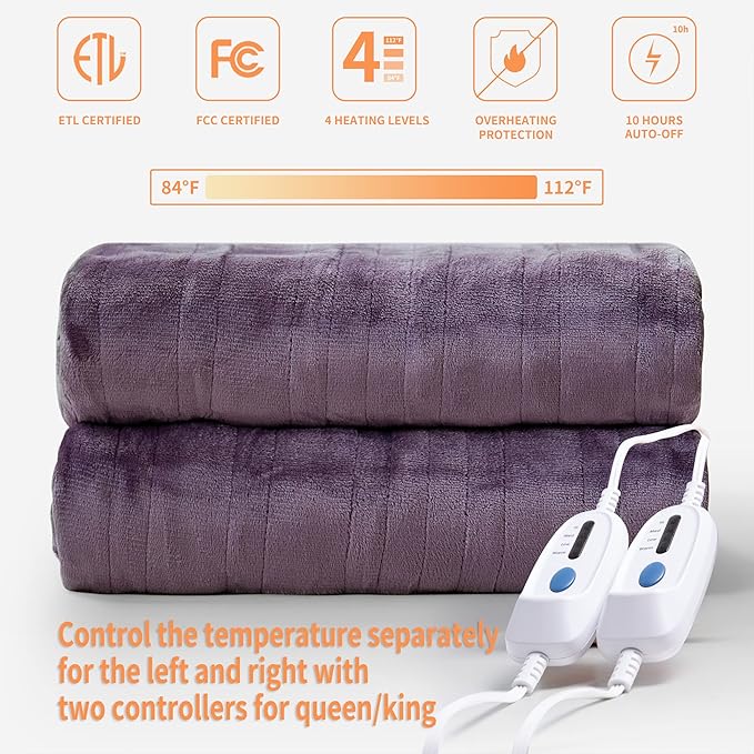 JET'S HOME Heated Blanket King 100"x90" - ETL&FCC Certified Electric Blanket Machine Washable Heating Blanket with 4 Heating Levels 10 Hours Auto-Off Overheating Protection (Purple)