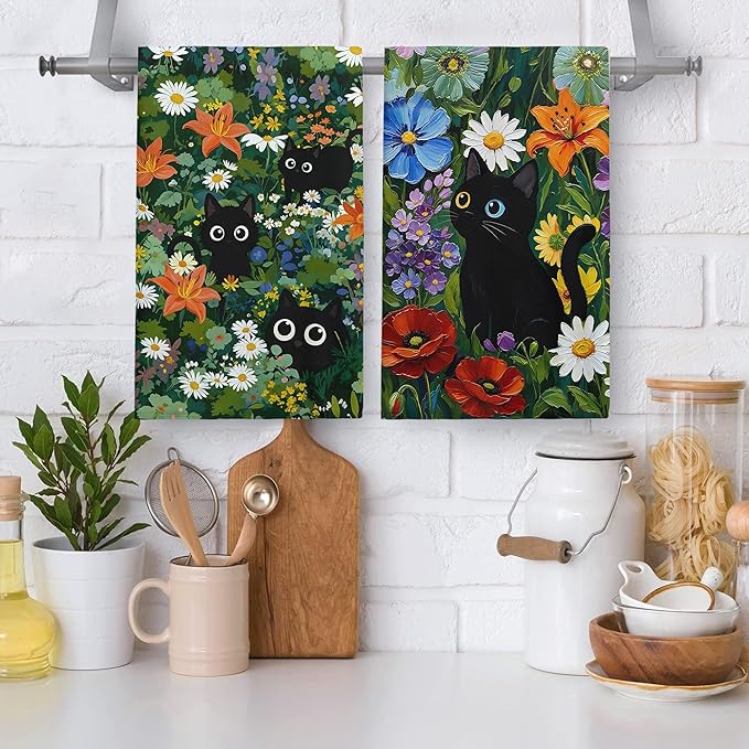 Accnicc 2 Pack Black Cat Bathroom Hand Towels Decorative Green Plant Daisy Floral Dish Kitchen Towel 16x27 Inch Cute Botanical Absorbent Soft Microfiber Bath Towels Hotel Spa