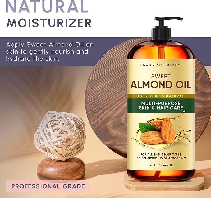 Brooklyn Botany Sweet Almond Oil | for Skin, Hair and Face | 16 Fl Oz | 100% Pure and Natural | Carrier Oil for Essential Oils, Aromatherapy and Massage | Hexane Free