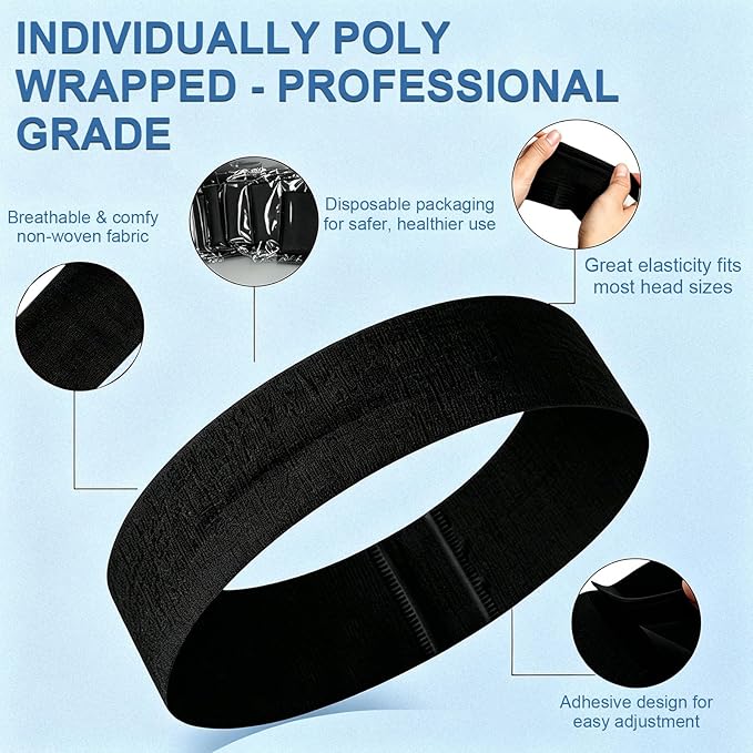 80 Pcs Disposable Facial Headbands - Individually Wrapped Spa Headbands for Women, Stretch Non-Woven Hair Bands for Skincare, Makeup, Facial & Esthetician Supplies (Black)