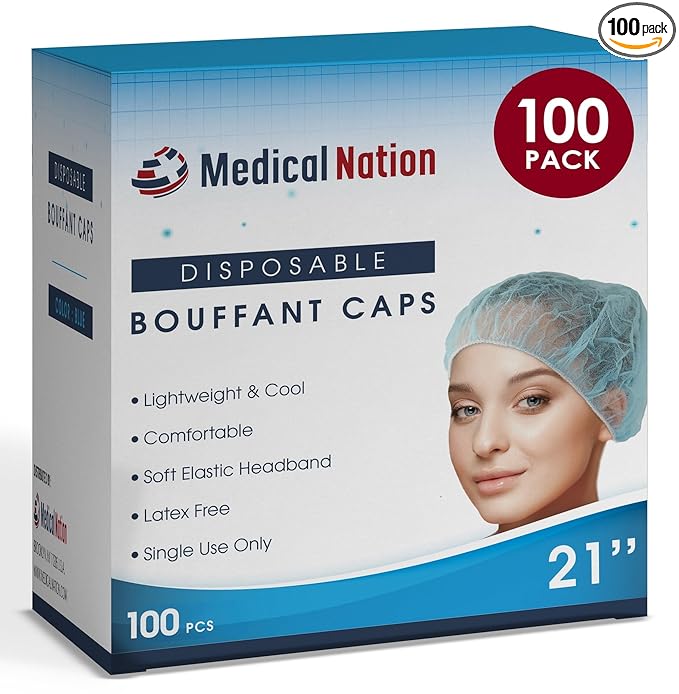 Medical Nation 21" Disposable Bouffant Caps | Pack of 100, Blue | Hairnets, Non-Woven, Non-Pleated Head Hair Covers |For Medical, Labs, Nurse, Tattoo, Food Service, Hospital, Cooking - Size 21" Blue